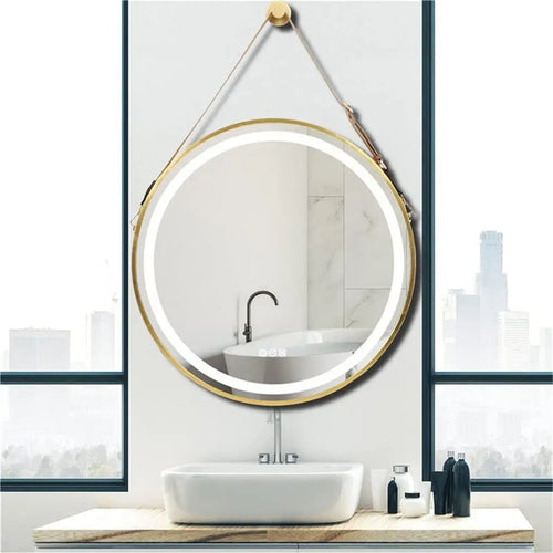 600mm Round LED Mirror Illuminated Lighted Wall Hanging Bathroom Mirror, Anti-fog, Golden/ Black Frame for Bathroom Entryway - vue 2 sur 8