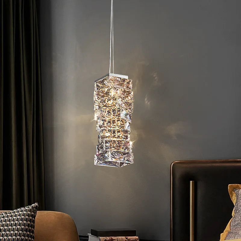 suspension led en cristal clair avec cordon métal chromé réglable - vue 4 sur 9