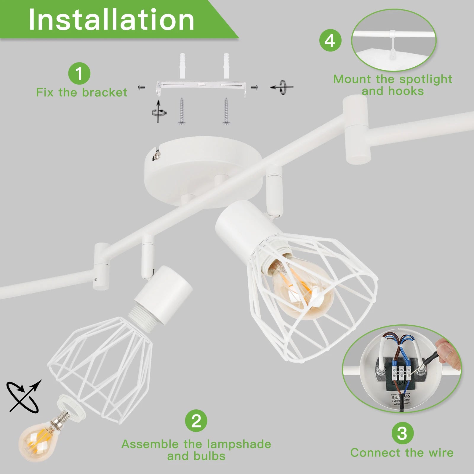 Plafonnier LED 6 voies rotatif - Lumières noires/blanches - Luminaires de plafond - Cage métallique pour plafond E14 - Spot de plafond - vue 6 sur 8