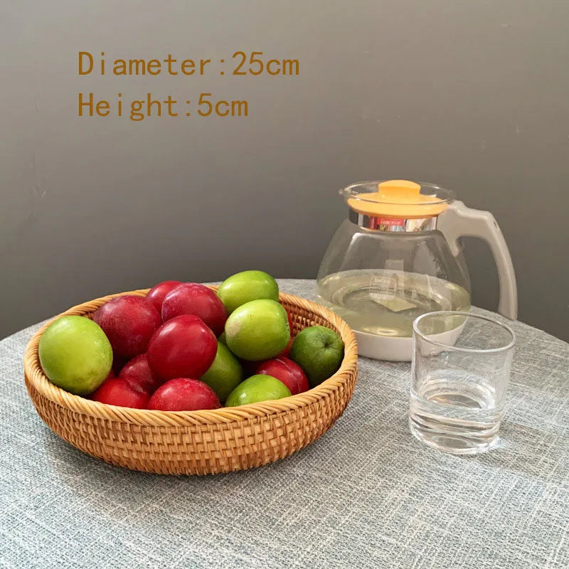 HEMU-Round Rattan Woven Basket, Wicker Fruit Basket, Bread Food, Kitchen Home Decor Organizer - vue 12 sur 12