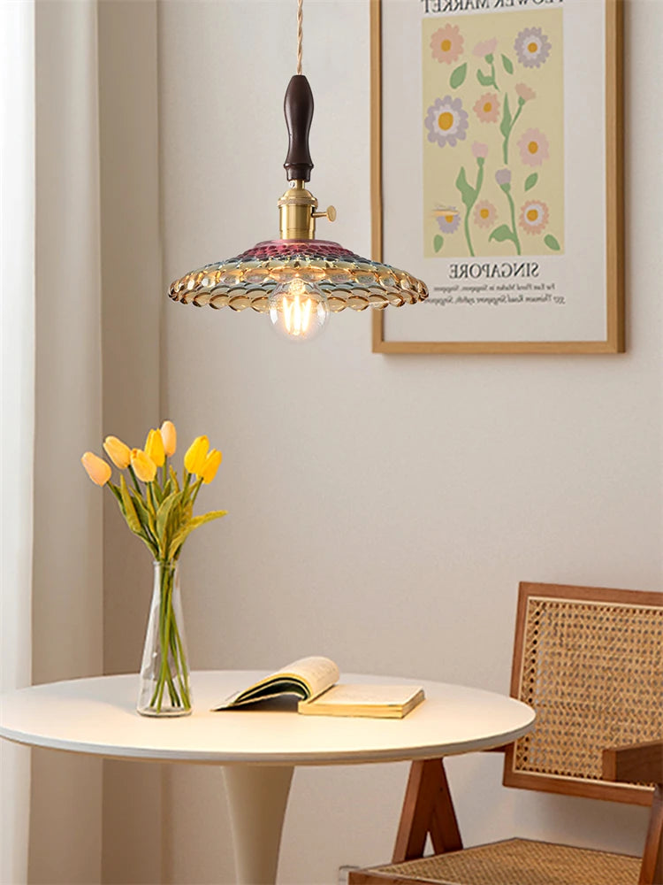 suspension moderne en laiton avec abat-jour rustique en verre de noyer - vue 5 sur 30