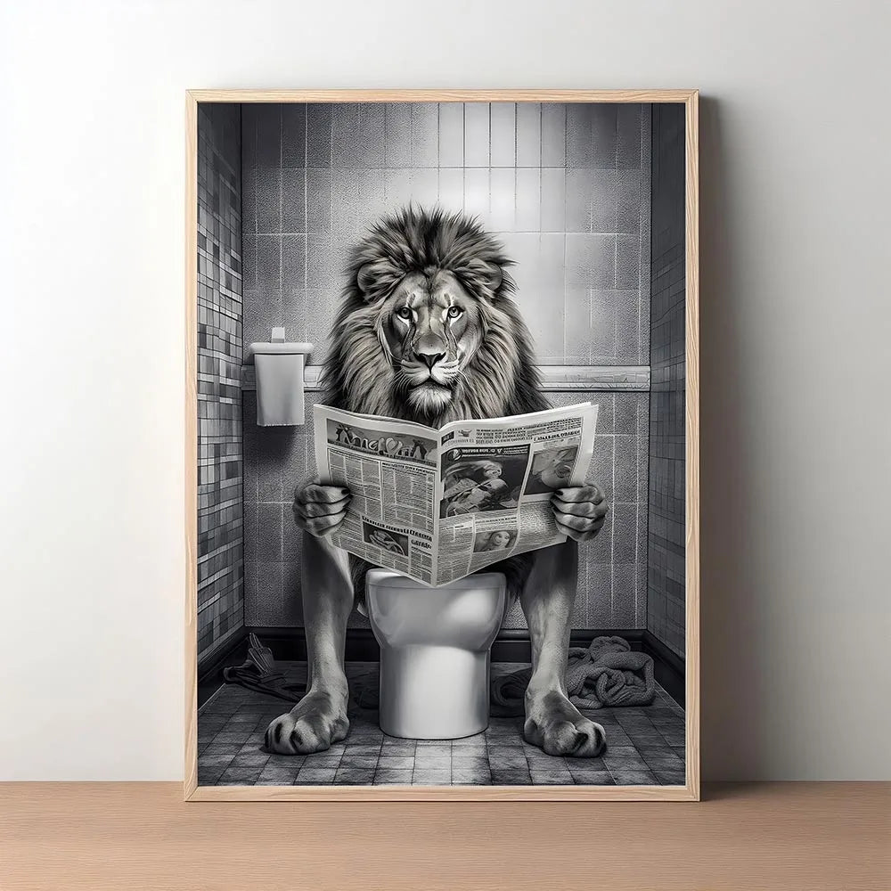 Animal On the Toilet Canvas Painting, Funny Bathroom Wall Art Pictures Prints, Black And White Animal Poster, Home Decor Murals