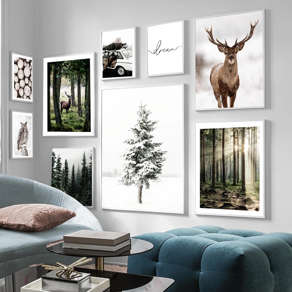hiver forêt cerf hibou paysage art mural nordique - vue 4 sur 7