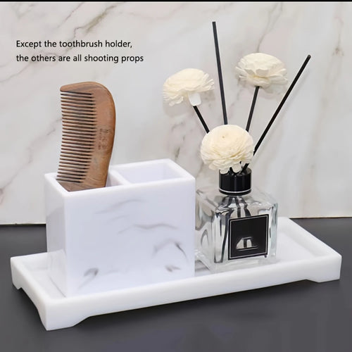 1pc Marble Effect Resin Toothbrush Holder, Luxury Nordic Style Toothbrush Stand, Multi-Compartment Bathroom Organizer, Elegant - vue 5 sur 9