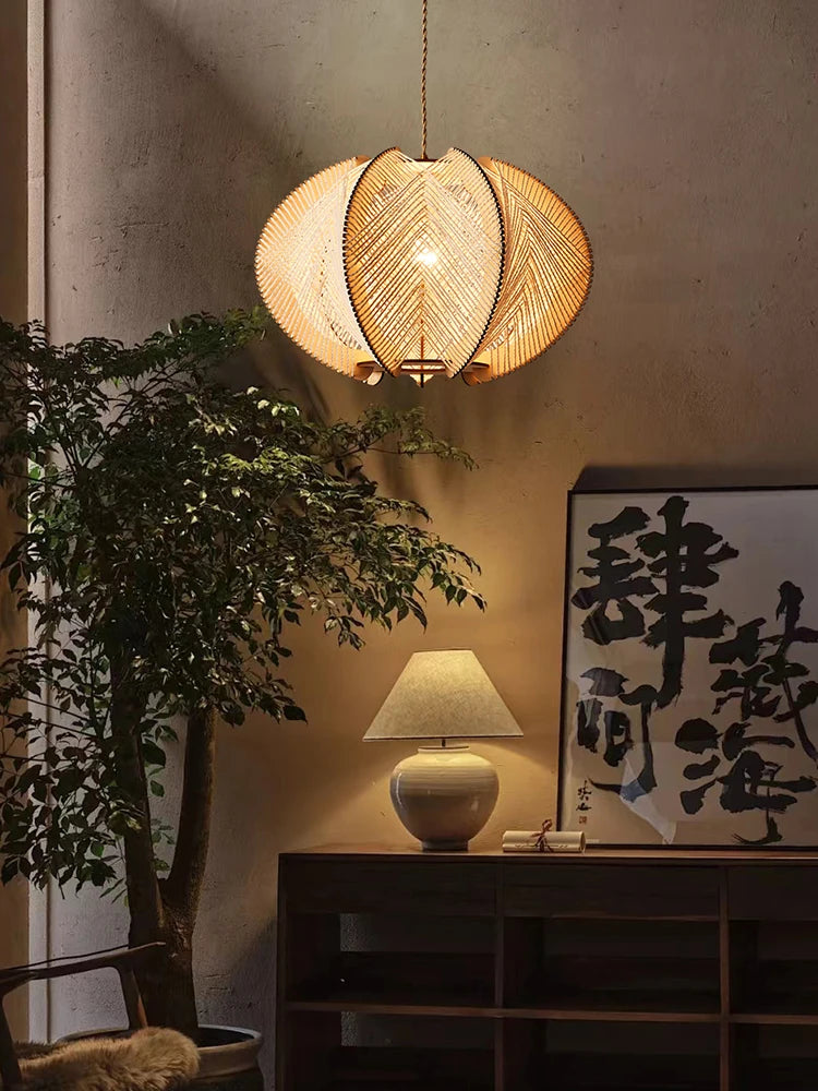 lustre en corde de chanvre et bois pour décoration intérieure - vue 5 sur 9