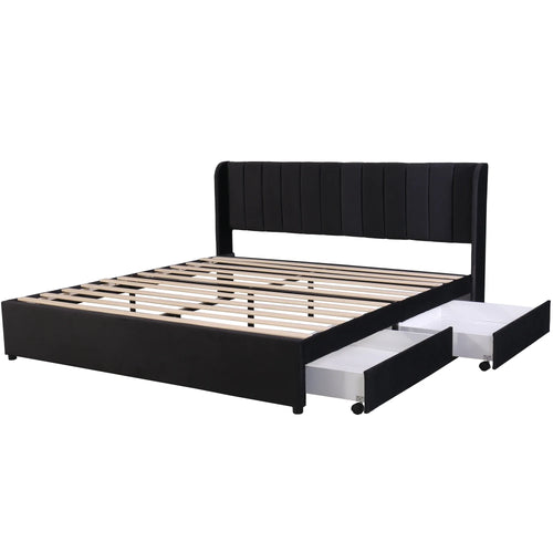VSOGA Upholstered Bed 180 X 200 Cm Velvet With Slatted Backrest 2 Drawers, Black，160 X 200 Cm, Gray