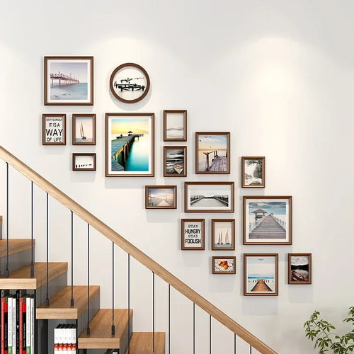 Minimalist Wooden Staircase Photo Wall Frame Set, Nordic Style, Gallery Wall Decor, Hallway Photo Frames and Background