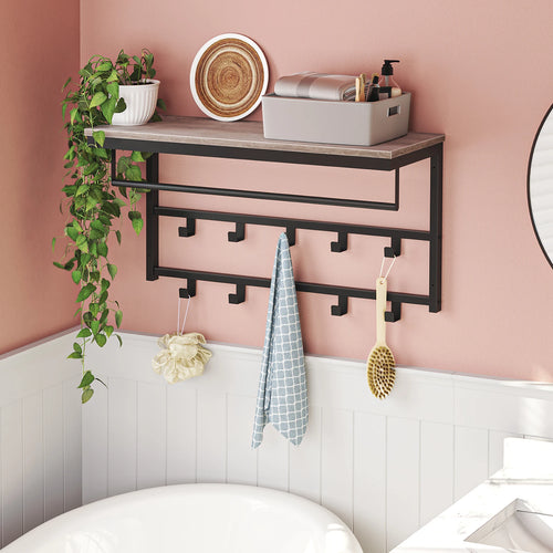 Wall Mounted Coat Rack with Shelf, Wall Shelf with 10 Hooks and Rods, Wall Mounted Hanging Shelf for Hallway Living Room - vue 3 sur 7