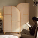 Japanese-style solid wood rattan screen partition is opposite the door to the home, living room entrance is blocked, and mobile