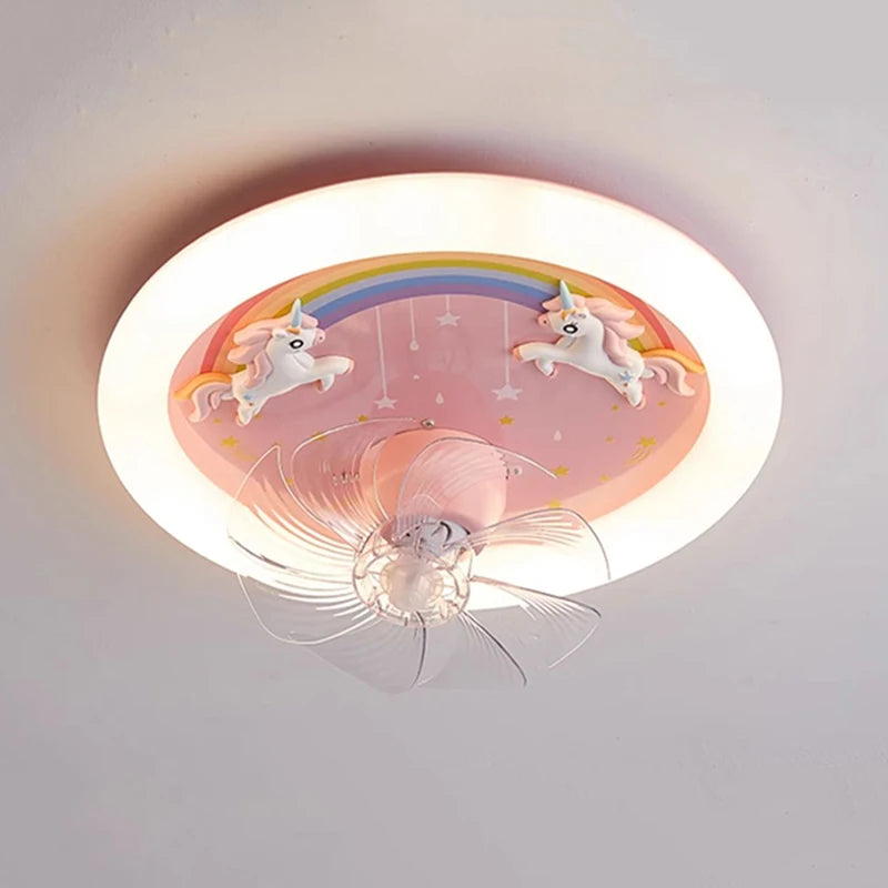 Creative LED Ceiling Light with Fan Pink Princess Children's Room Bedroom Ceiling Fan Resin Unicorn Rainbow Remote Control 220V - vue 2 sur 7