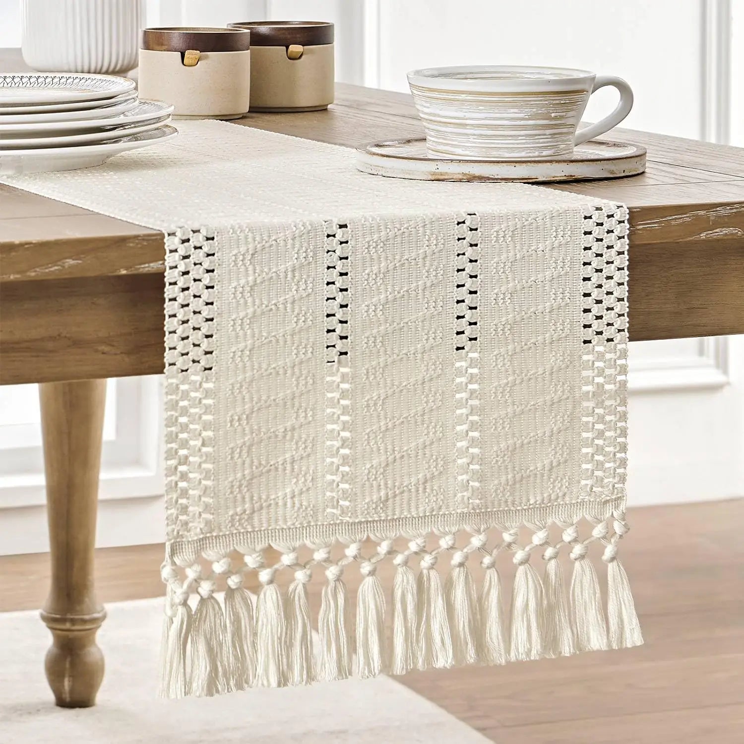 Chemin de table macramé bohème ivoire tissé franges - vue 3 sur 7