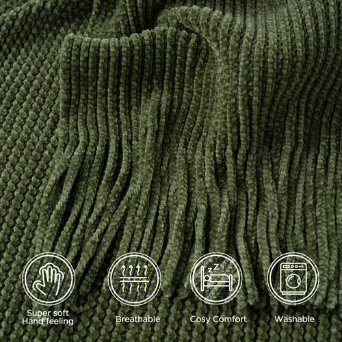Plaid maille chenille a pompons motif carreaux decoratif