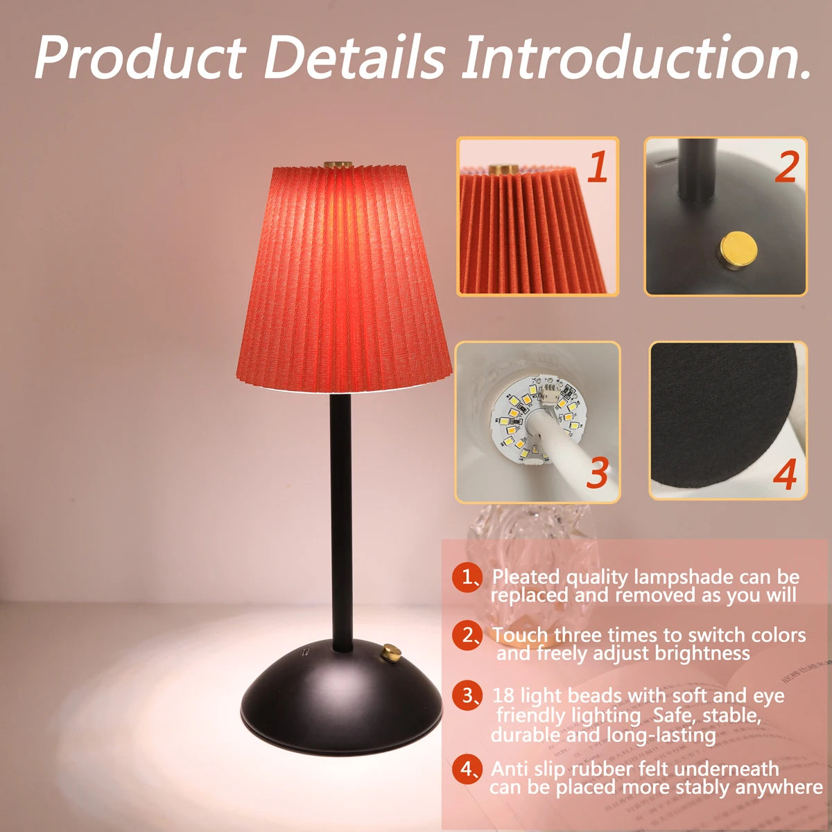 LED Nordic pleated desk lamp charging touch adjustable night light, bedroom sleep light, bar coffee shop decorative light - vue 3 sur 9