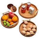 HEMU-Round Rattan Tray, Storage Basket, Tray with Wooden Handle, Bread, Fruit, Cake, Food Plate, Serving Tray for Home Kitchen