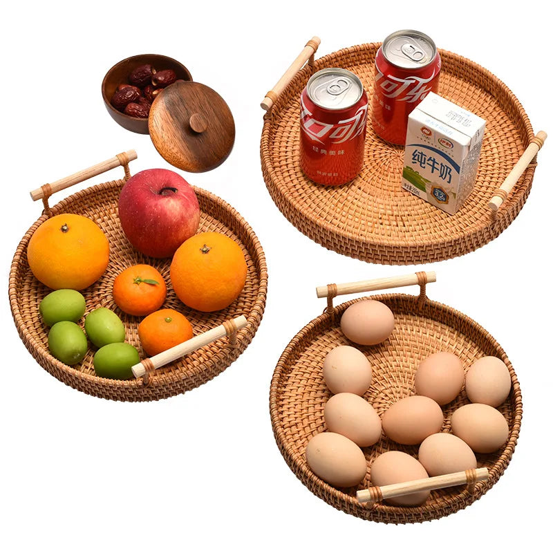 HEMU-Round Rattan Tray, Storage Basket, Tray with Wooden Handle, Bread, Fruit, Cake, Food Plate, Serving Tray for Home Kitchen - vue 3 sur 8