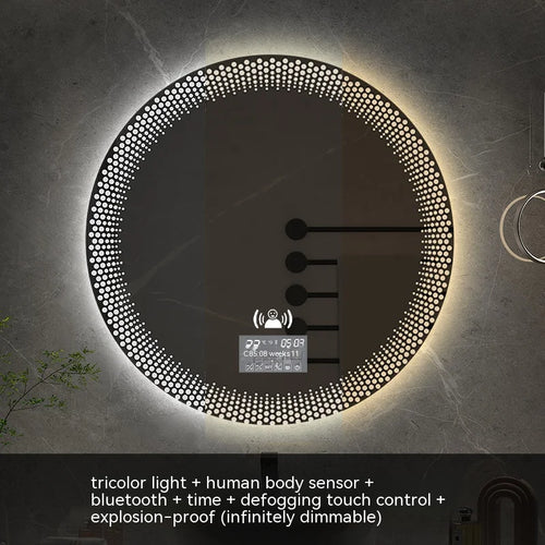 miroir rond à led avec rétroéclairage réglable et antibuée intelligent
