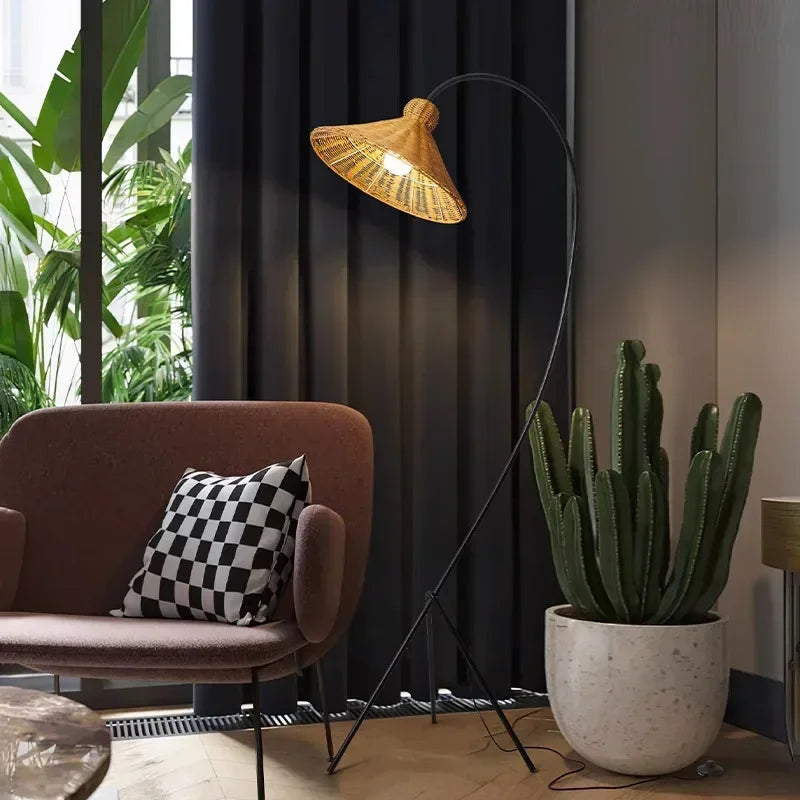 Nordic Tripod Floor Lamp with Rattan Shade Standing Light for Living Room Bedroom