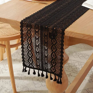 Boho crochet lace table runner with beige tassels