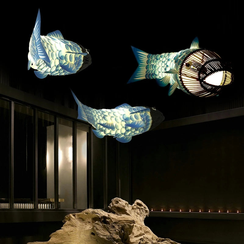 suspension Moderne en bois gros poisson lumières style chinois bambou créatif restaurant - vue 5 sur 12