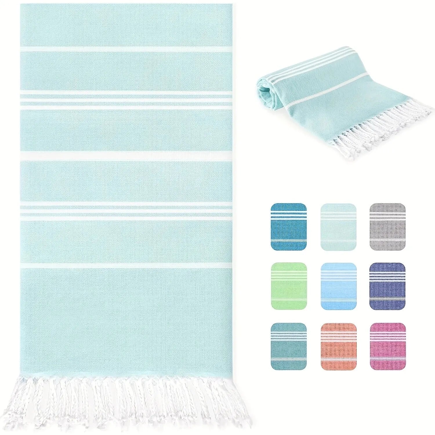 Serviette de plage turque rayée pompons séchage rapide - vue 2 sur 7