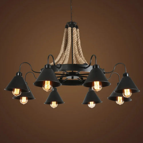 Vintage hemp rope and iron pendant light industrial style - vue 6 sur 12