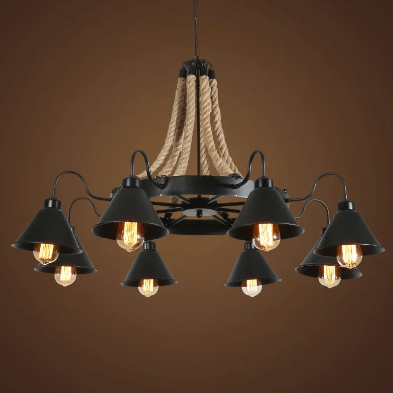 Vintage hemp rope and iron pendant light industrial style - vue 5 sur 12