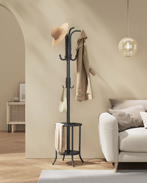 SONGMICS Coat Rack Freestanding, Coat Stand with Umbrella Holder, 12 Hooks, Metal, 175 cm Tall, for Entryway, Hallway - vue 3 sur 8