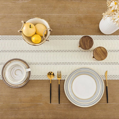 Chemin de table macramé bohème ivoire franges tissé