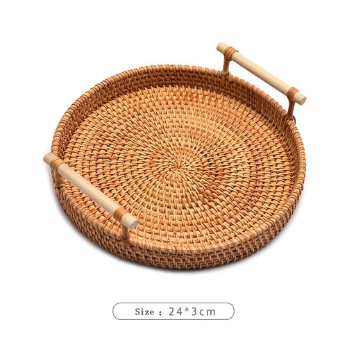 HEMU-Round Rattan Tray, Storage Basket, Tray with Wooden Handle, Bread, Fruit, Cake, Food Plate, Serving Tray for Home Kitchen - vue 8 sur 8