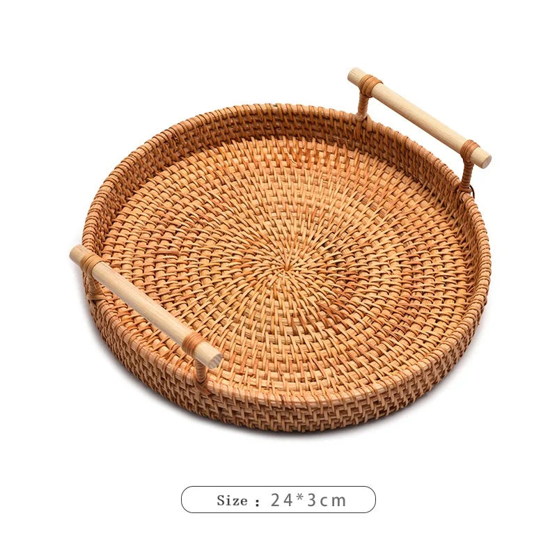 HEMU-Round Rattan Tray, Storage Basket, Tray with Wooden Handle, Bread, Fruit, Cake, Food Plate, Serving Tray for Home Kitchen - vue 7 sur 8