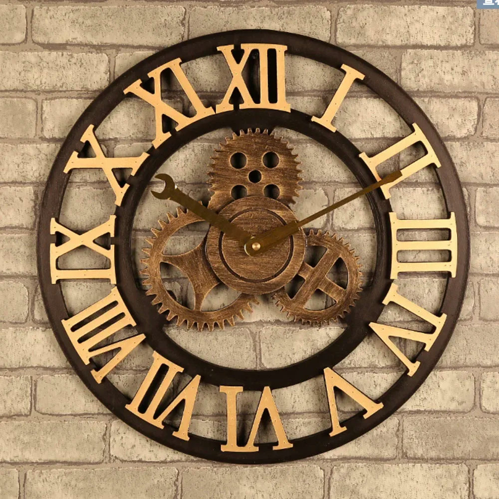 horloge murale moderne à engrenages en bois vintage silencieuse - vue 10 sur 10