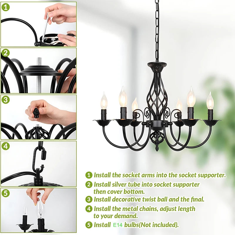 6-Light Farmhouse Candle Chandelier for Living Room, Rustic Industrial Pendant Ceiling Light fixture, Vintage Hanging Lamp for B - vue 7 sur 7