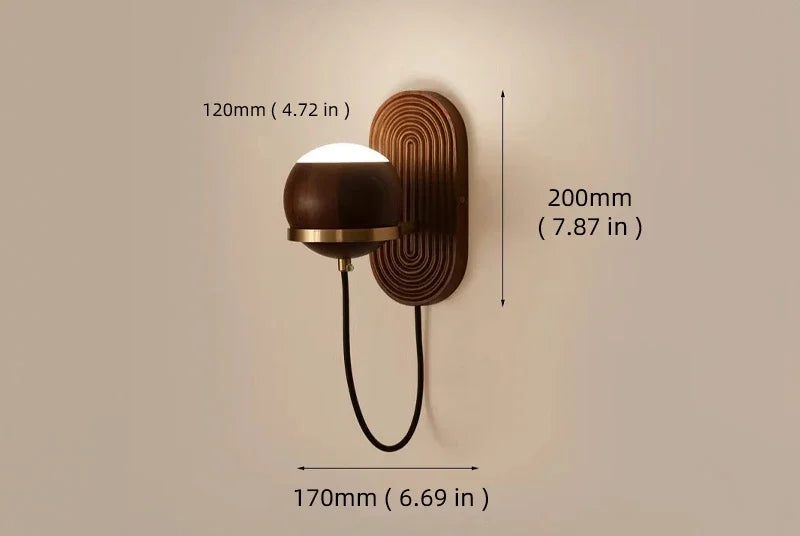 Walnut Wood Circular Sphere, Modern style Wabi-sabi minimalist Wall Sconce light for Bedroom, Bedside, Living, Dining Room - vue 8 sur 8