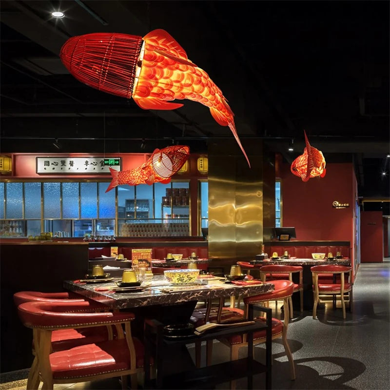 suspension Moderne en bois gros poisson lumières style chinois bambou créatif restaurant - vue 6 sur 12