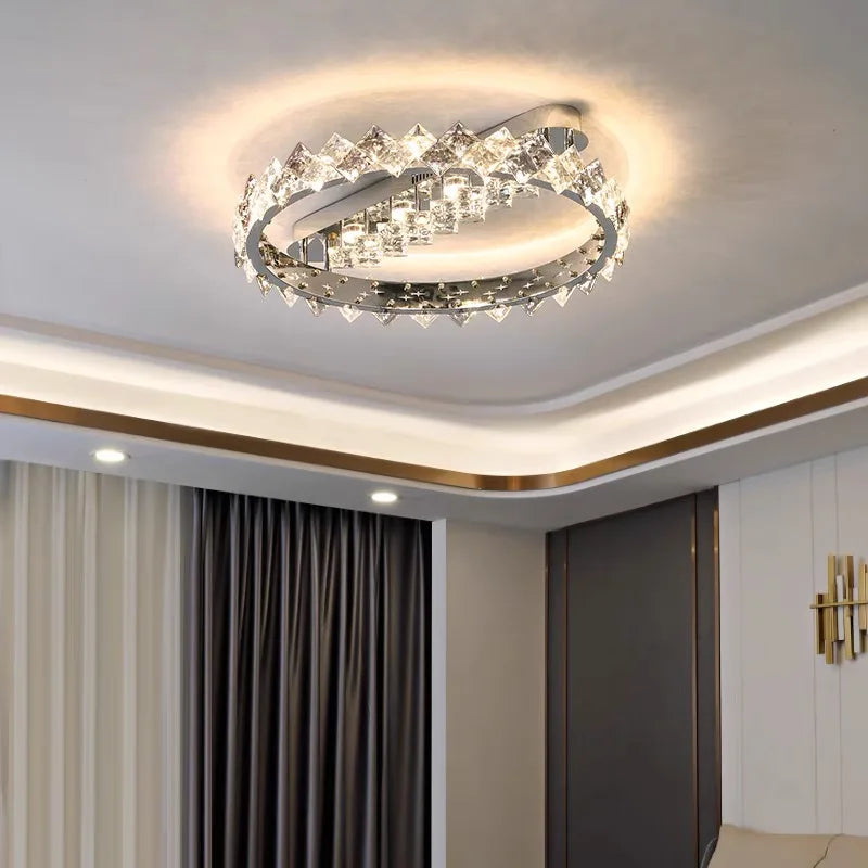lustre moderne en acier inoxydable chrome avec éclairage en cristal - vue 3 sur 10