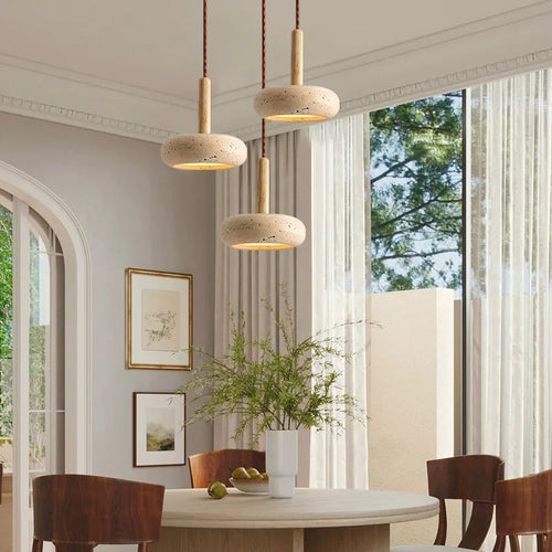 Suspension LED en pierre et bois moderne chevet japonais