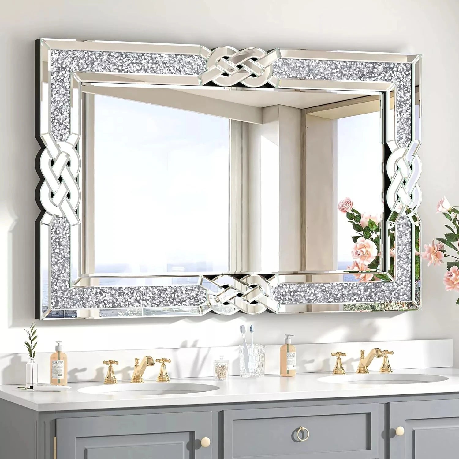 miroir mural en verre avec cadre décoratif en cristal bling - vue 8 sur 9