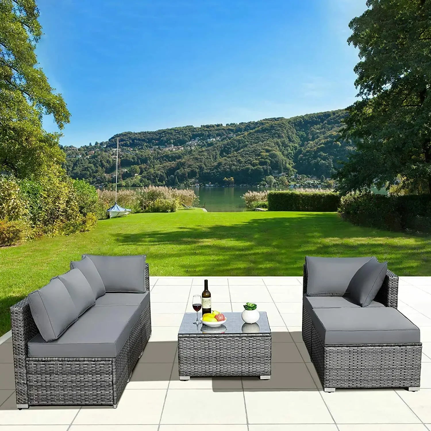 ensemble de canapés dangle en rotin pour jardin avec coussins et table basse - vue 9 sur 8