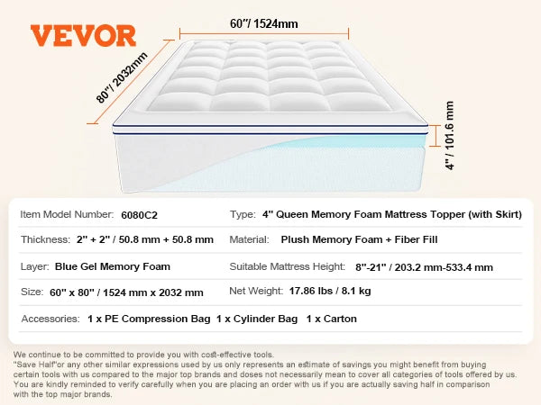 VEVOR Mattress Topper Queen Size 3 in / 4 in Thickness, Memory Foam & Fiber Fill, Ergonomically Designed for Pressure Relief - vue 8 sur 9