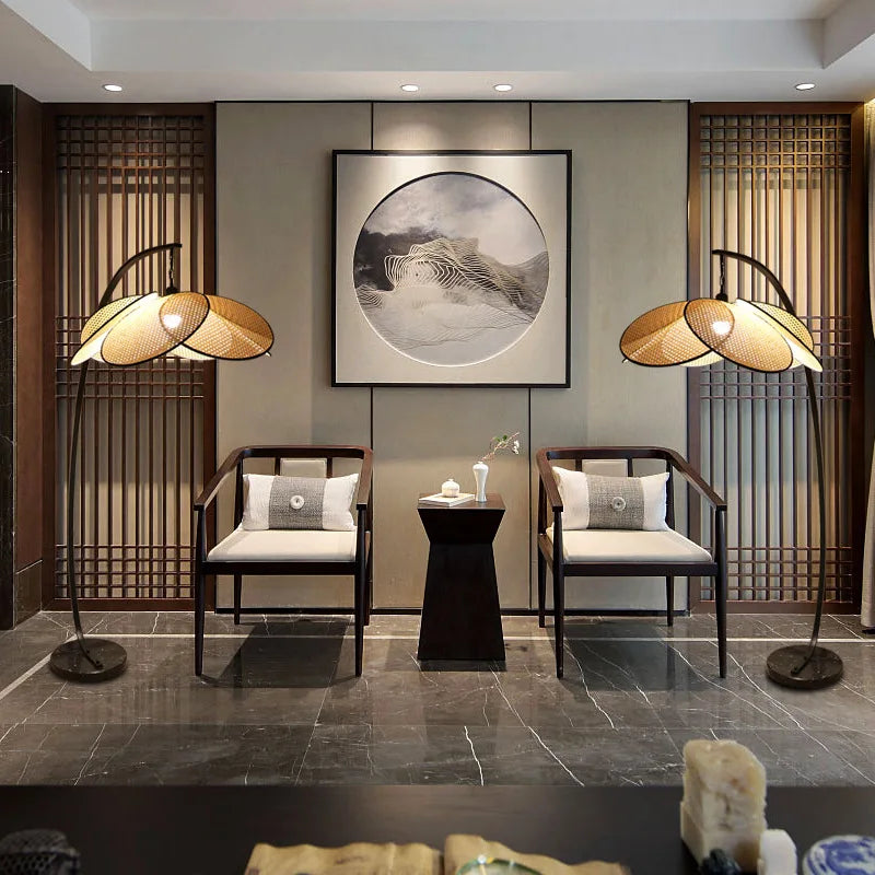 lampadaire rétro en rotin tissé design chinois pour décoration intérieure - vue 4 sur 9
