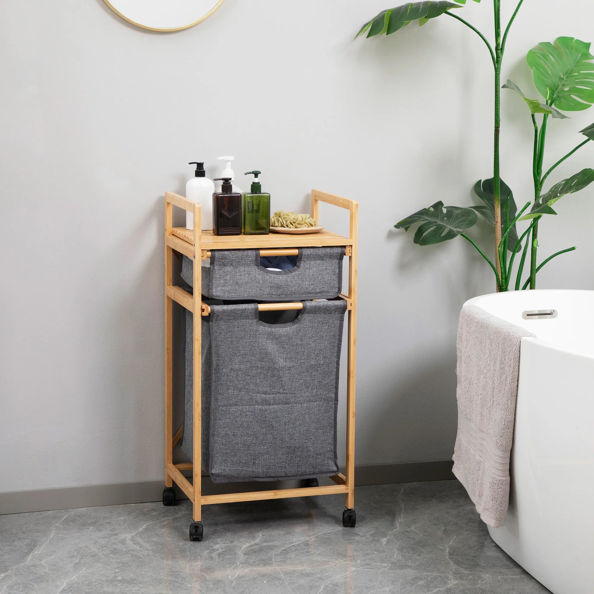 HOMCOM bamboo laundry hamper 2 removable cloth bags 42x35x84.5 cm - vue 2 sur 7