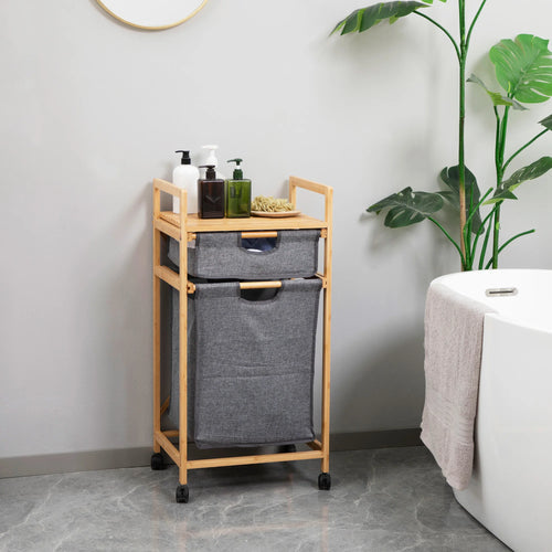 HOMCOM bamboo laundry hamper 2 removable cloth bags 42x35x84.5 cm - vue 3 sur 7