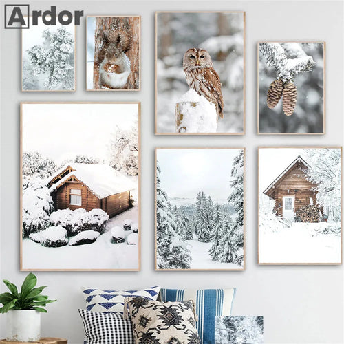 décoration murale forêt hivernale avec renard hibou et cerf