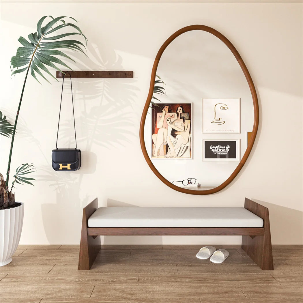 grand miroir mural asymétrique avec cadre en bois naturel - vue 4 sur 7