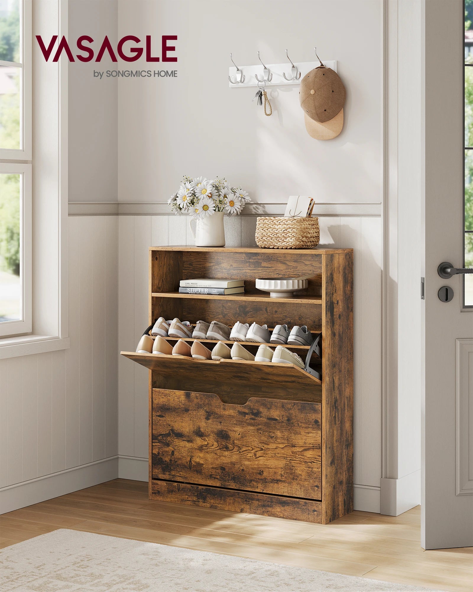 VASAGLE Shoe Cabinet 2 Flip Doors, 3 Tier Shoe Rack, with 1 Open Compartment, Adjustable and Removable Divider, for 11-16 Pairs