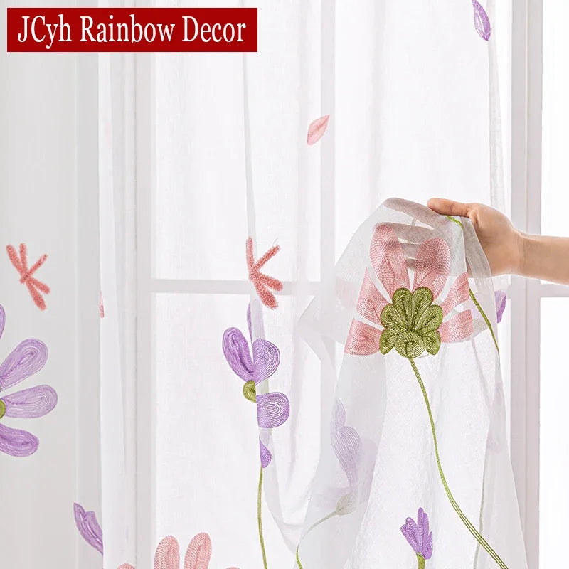 Voilage tulle brodé floral style champêtre pour salon - vue 5 sur 7
