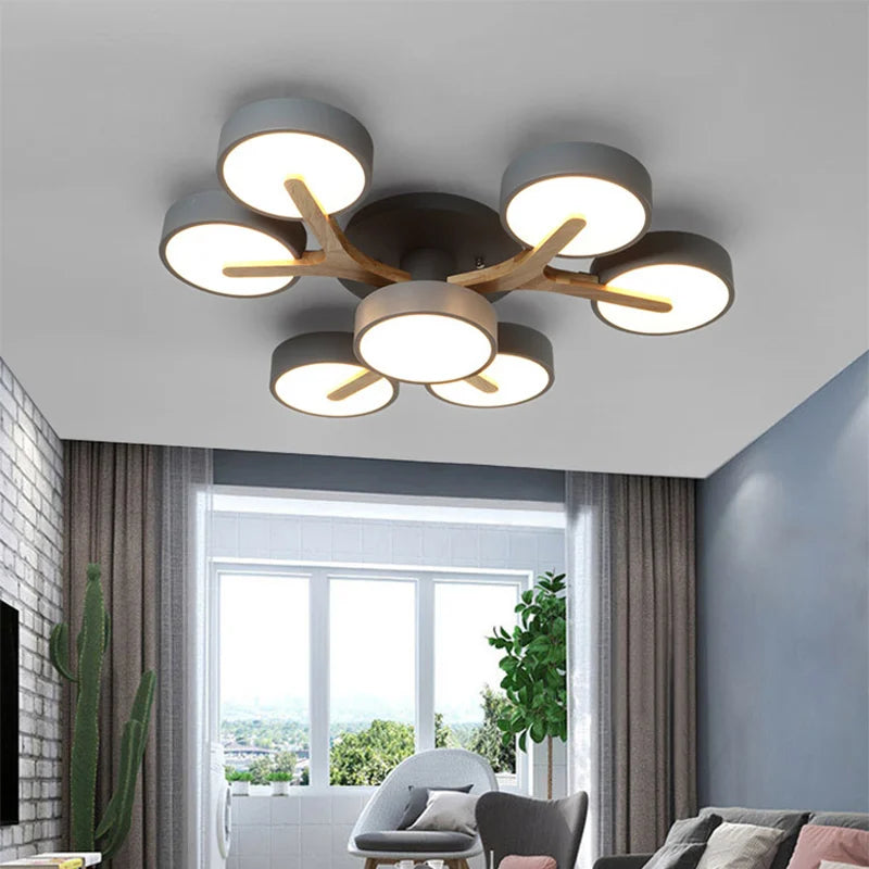 lustre nordique macaron led en bois pour décoration intérieure - vue 6 sur 15