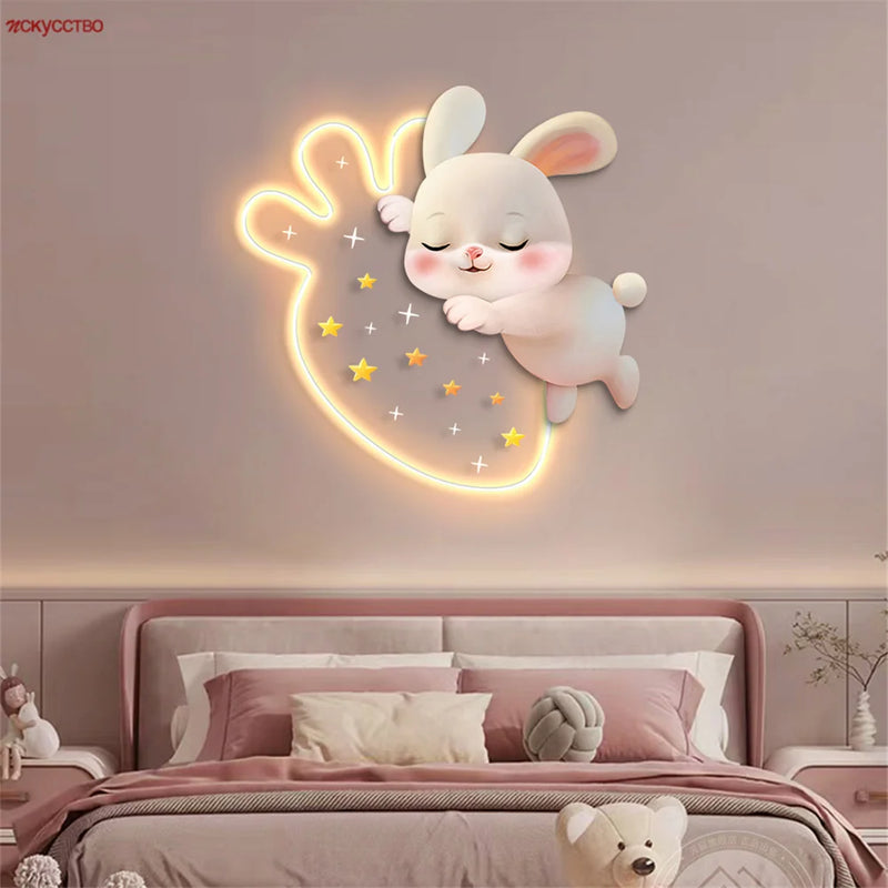 Dessin animé fraise lapin peinture décorative applique murale LED lampe filles chambre chevet atmosphère lumière enfants acrylique murale appliques