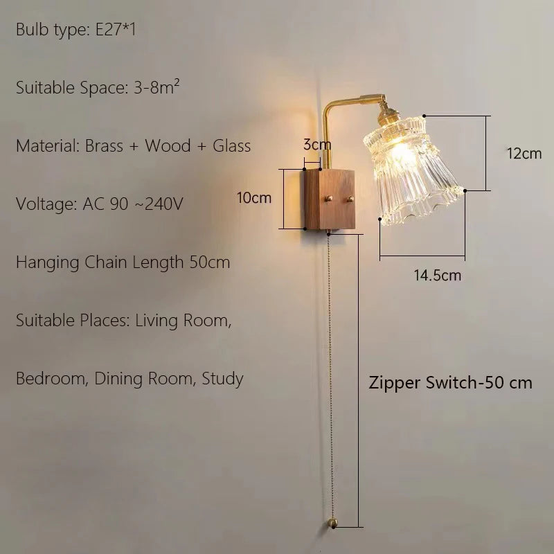 Vintage Japanese wooden wall light minimalist design with switch - vue 9 sur 13