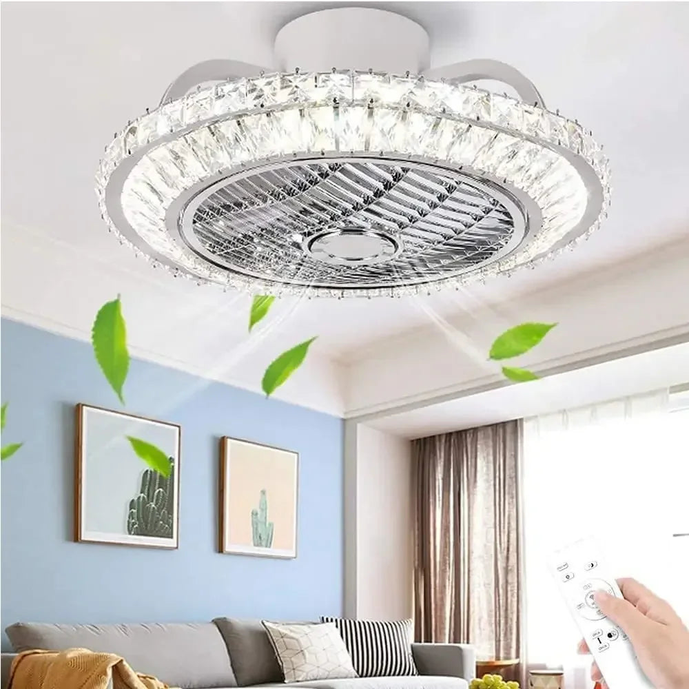 ventilateur de plafond en cristal moderne avec lumière et télécommande - vue 3 sur 7